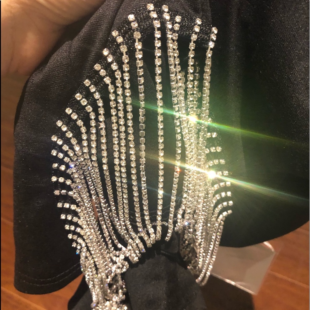 Black Rhinestone Fringe Side Slit Mini Party Dress - Picture 4 of 5